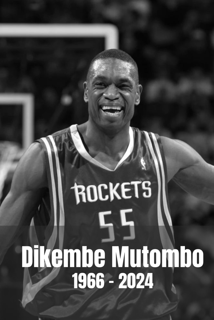 "Dikembe Mutombo 1966-2024 tribute. NBA legend, humanitarian, defensive powerhouse, remembered for sports and philanthropy."