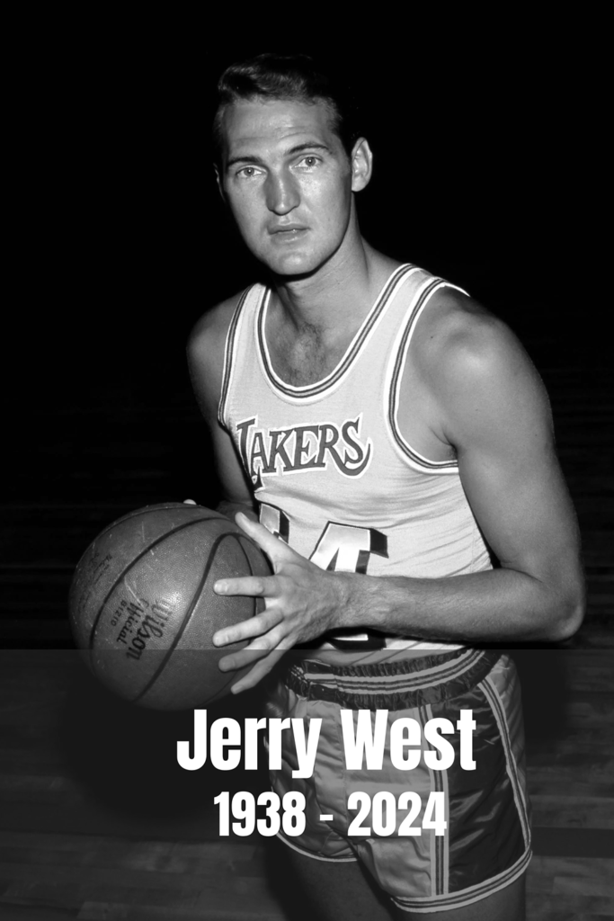 "Jerry West 1938-2024 tribute. Basketball legend, NBA logo inspiration, sports icon, and legacy in basketball history."
