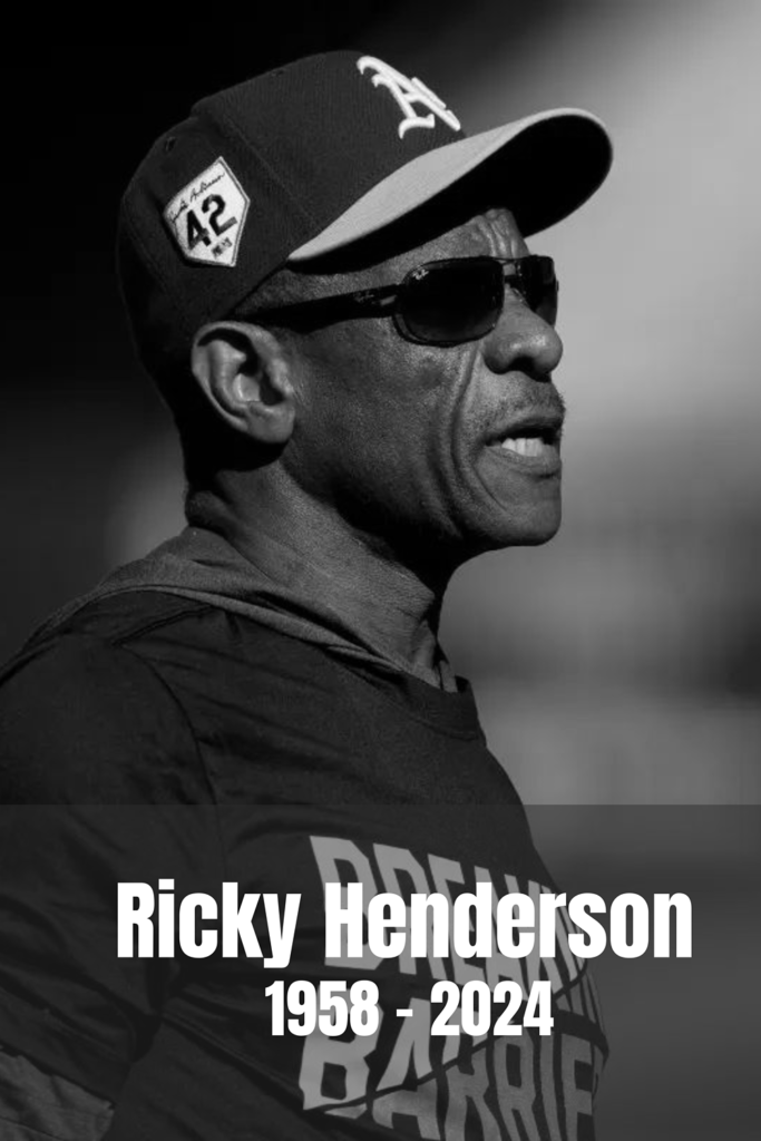 "Ricky Henderson 1958-2024 tribute. Baseball legend, stolen bases record-holder, celebrated athlete, and unforgettable sports career."