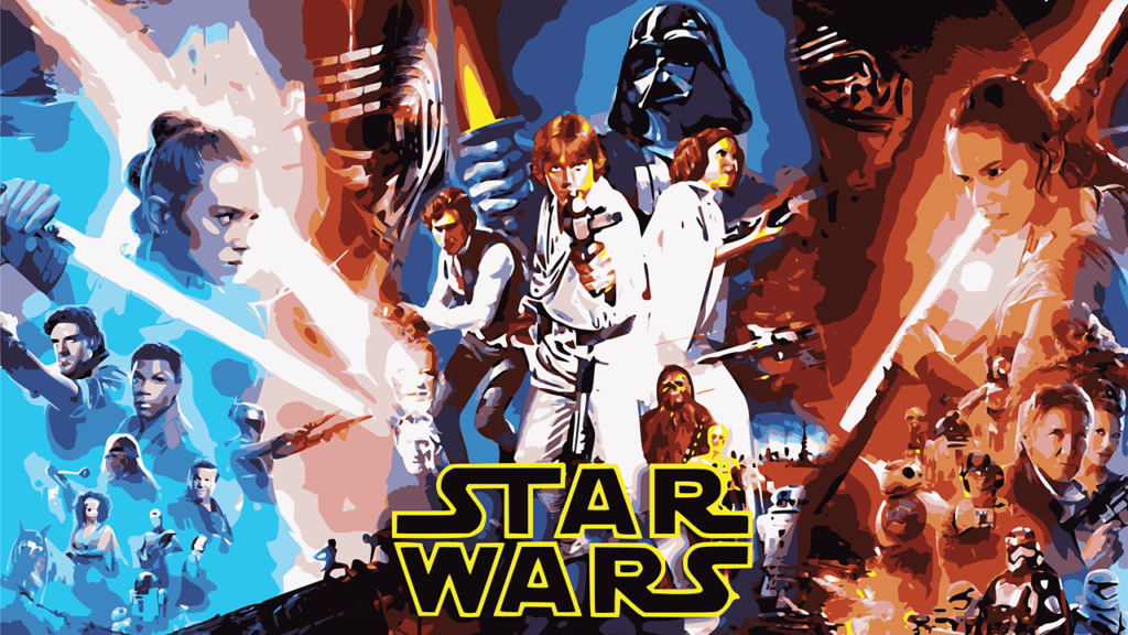 Collage of Star Wars characters from different eras, including Luke Skywalker, Darth Vader, Rey, and Finn, with lightsabers and the iconic logo.